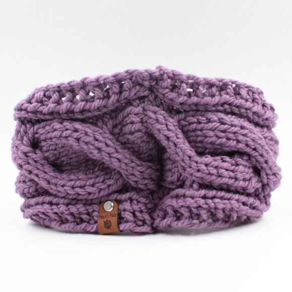 Handmade Hand Knit Chunky Cable Knit Acrylic Grape Purple Ear Warmer Headband - Picture 7 of 7